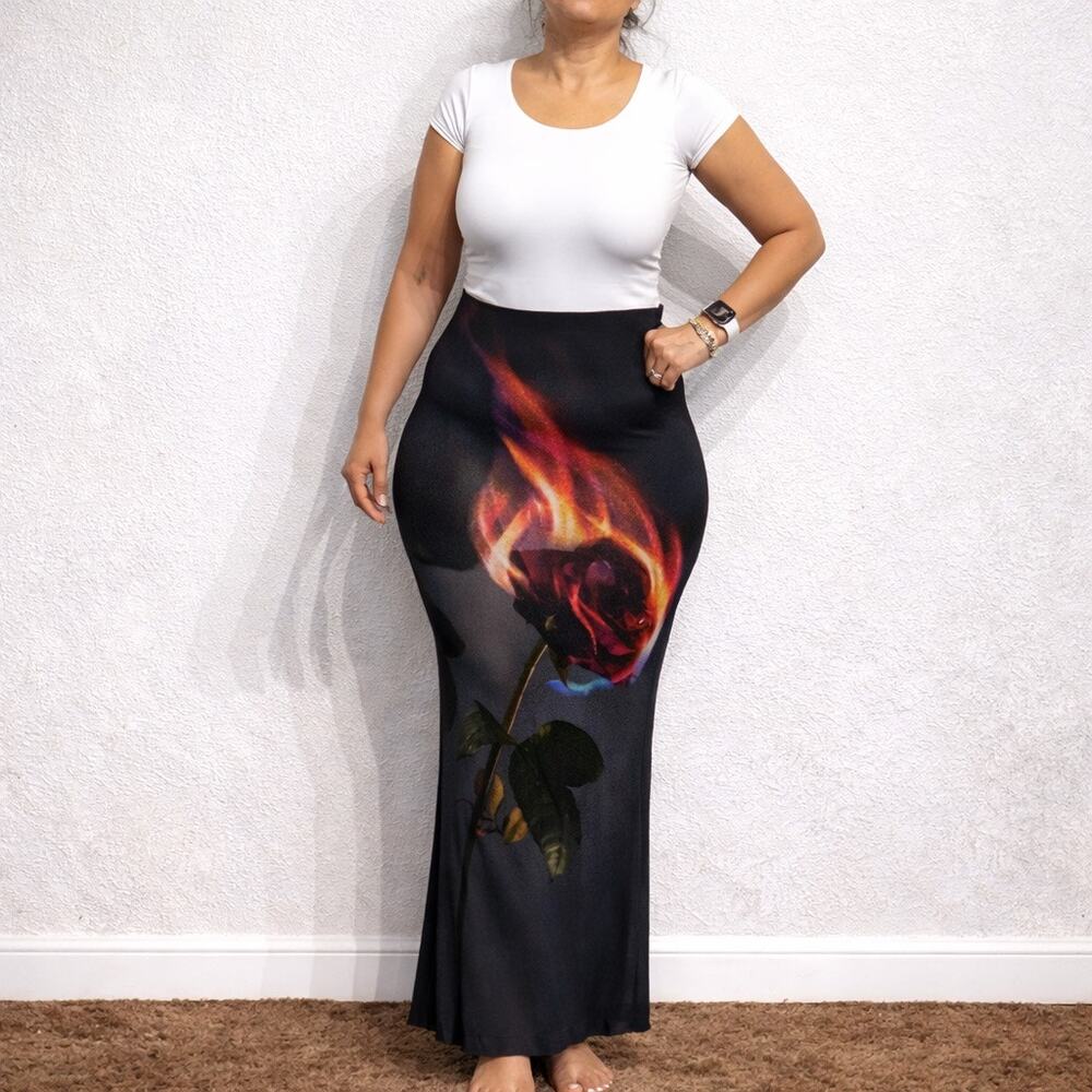 Jaded London Black Flaming Rose Mesh Y2K Maxi Skirt Sz 6